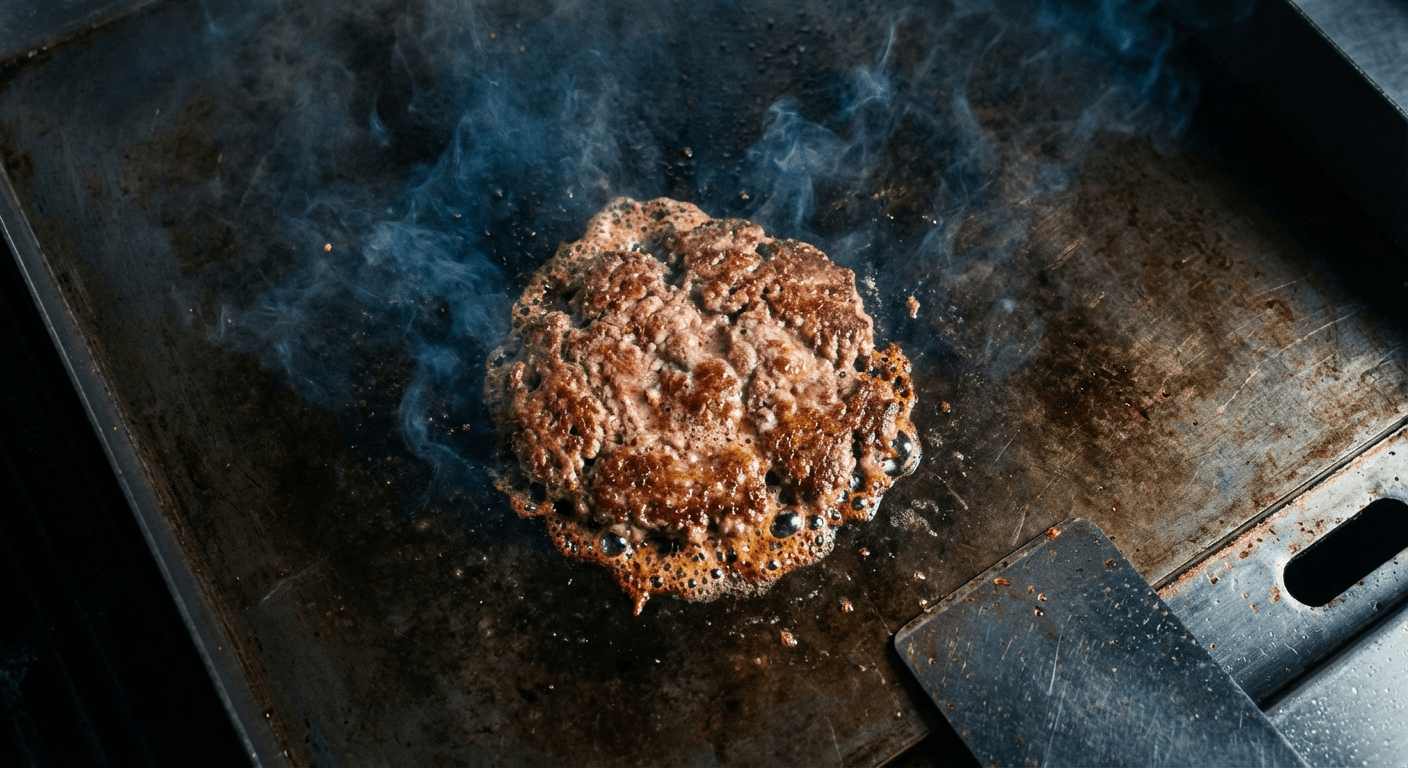 Smash burger patty sizzling on the flat top griddle